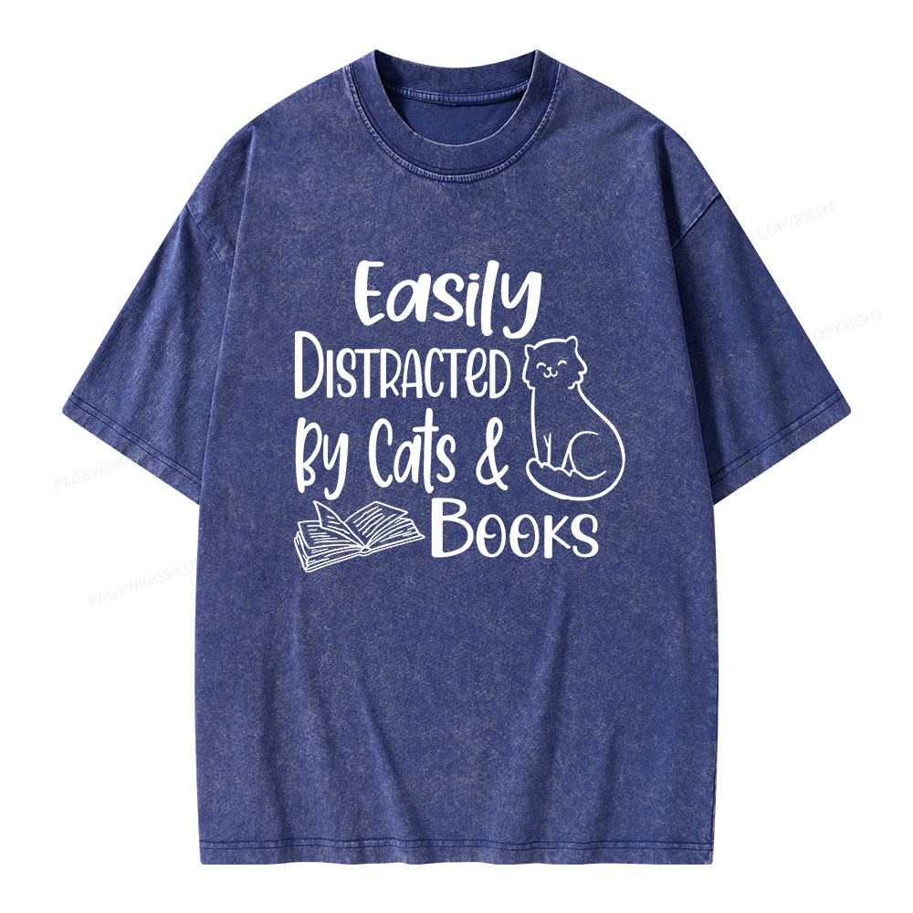 Pagewings Easily Distracted By Cats And Books Unisex Washed T-shirt