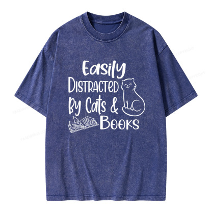 Pagewings Easily Distracted By Cats And Books Unisex Washed T-shirt