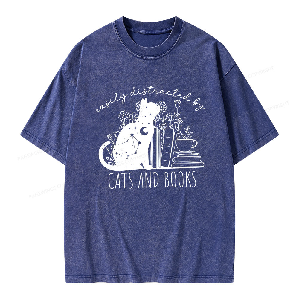 Pagewings Easily Distracted By Cats And Books Unisex Washed T-shirt