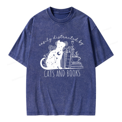 Pagewings Easily Distracted By Cats And Books Unisex Washed T-shirt