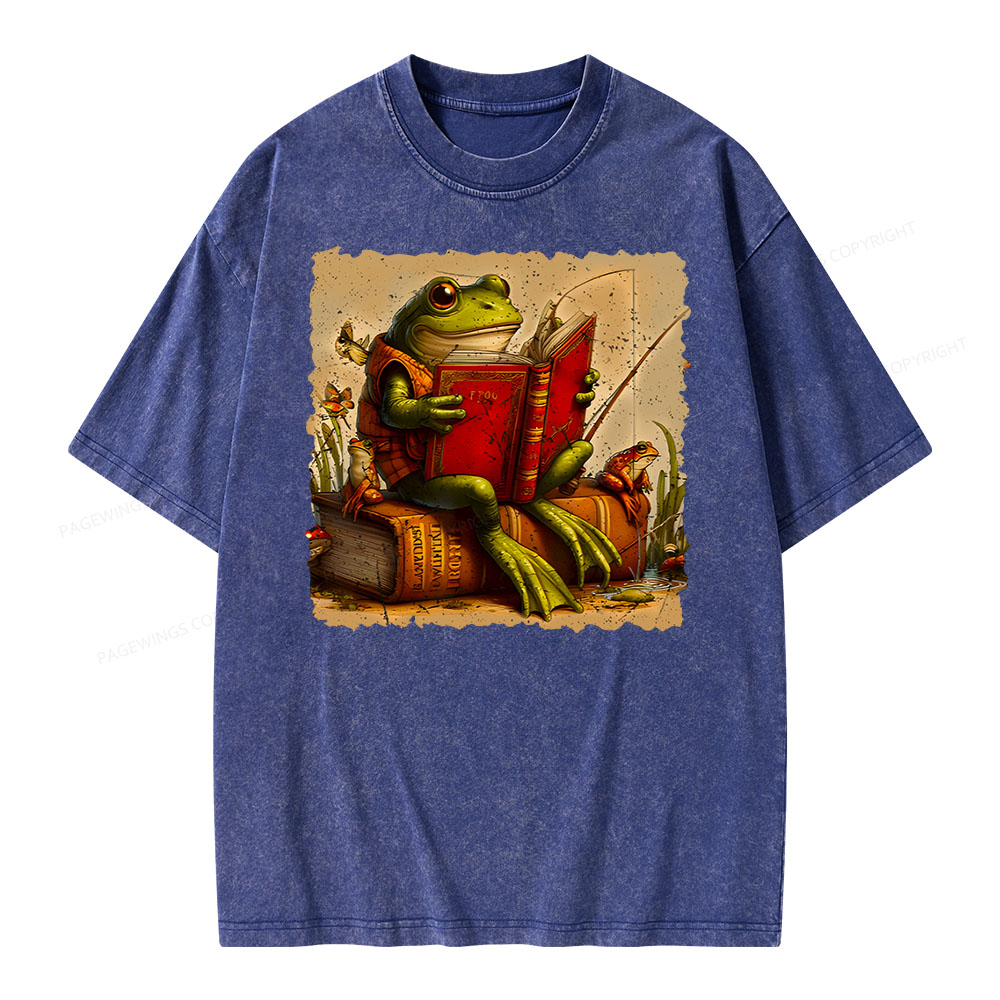 Pagewings Toad Fishing Book Reading Book Unisex Washed T-shirt