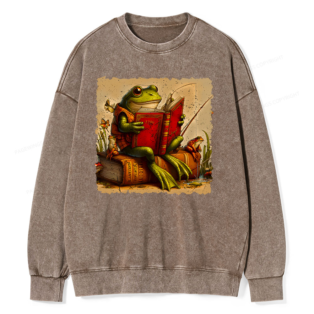Pagewings Toad Fishing Book Reading Book Unisex Washed Sweatshirt