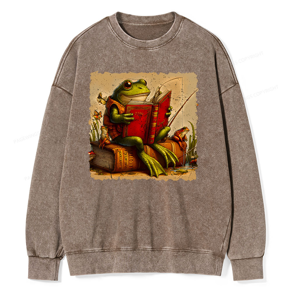 Pagewings Toad Fishing Book Reading Book Unisex Washed Sweatshirt