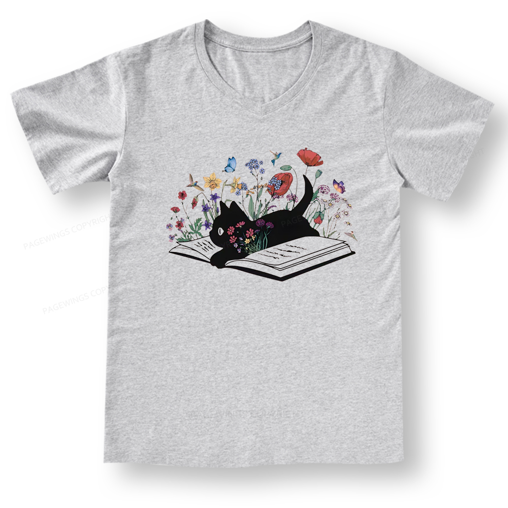 Pagewings Cute Book Cat V-neck T-shirt