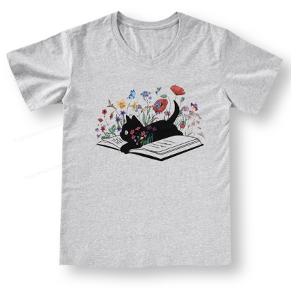Pagewings Cute Book Cat V-neck T-shirt 