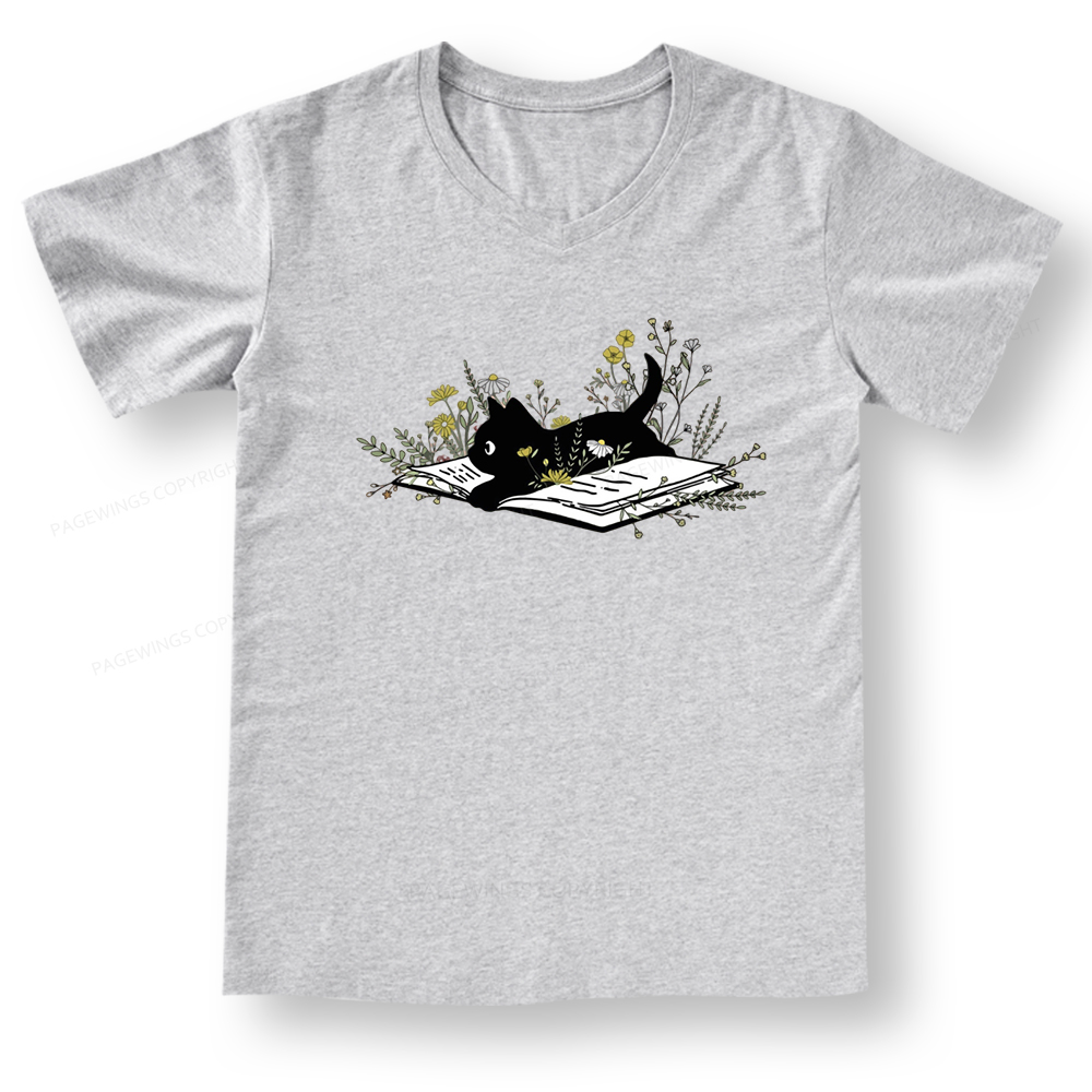 Pagewings Cute Book Cat V-neck T-shirt 
