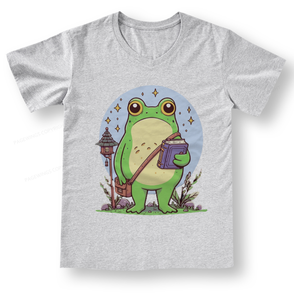 Pagewings Frog Reading Book V-neck T-shirt