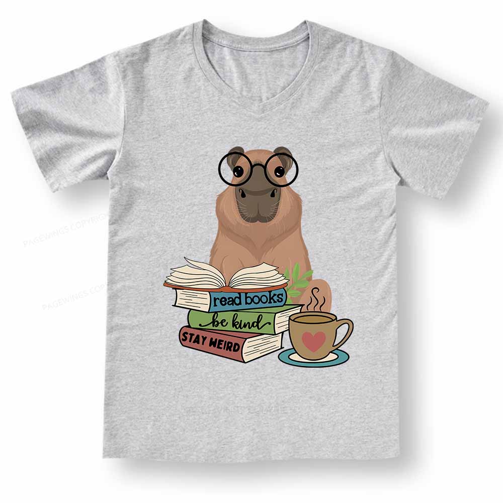 Pagewings Capybara Reading V-neck T-shirt
