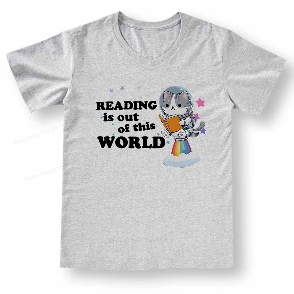 Pagewings Cat Reading in Space V-neck T-shirt