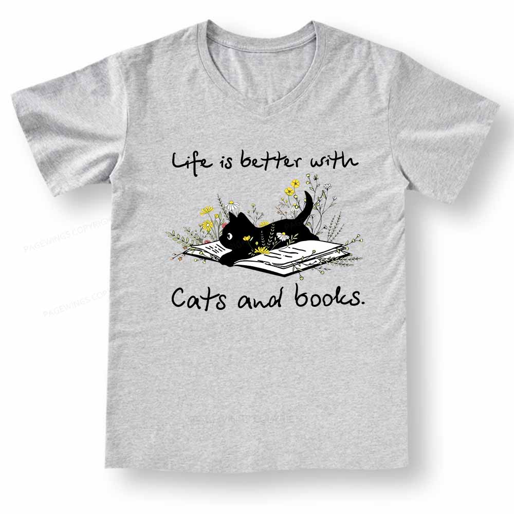 Pagewings Life Is Better With Cats And Books V-neck T-shirt