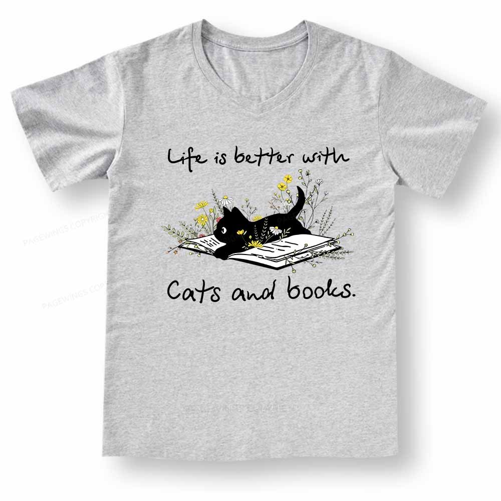 Pagewings Life Is Better With Cats And Books V-neck T-shirt