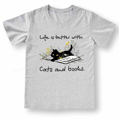 Pagewings Life Is Better With Cats And Books V-neck T-shirt