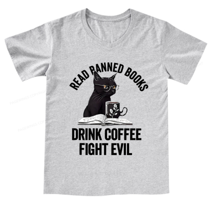 Pagewings Read Books Drink Coffee Fight Evil Shirt V-neck T-shirt