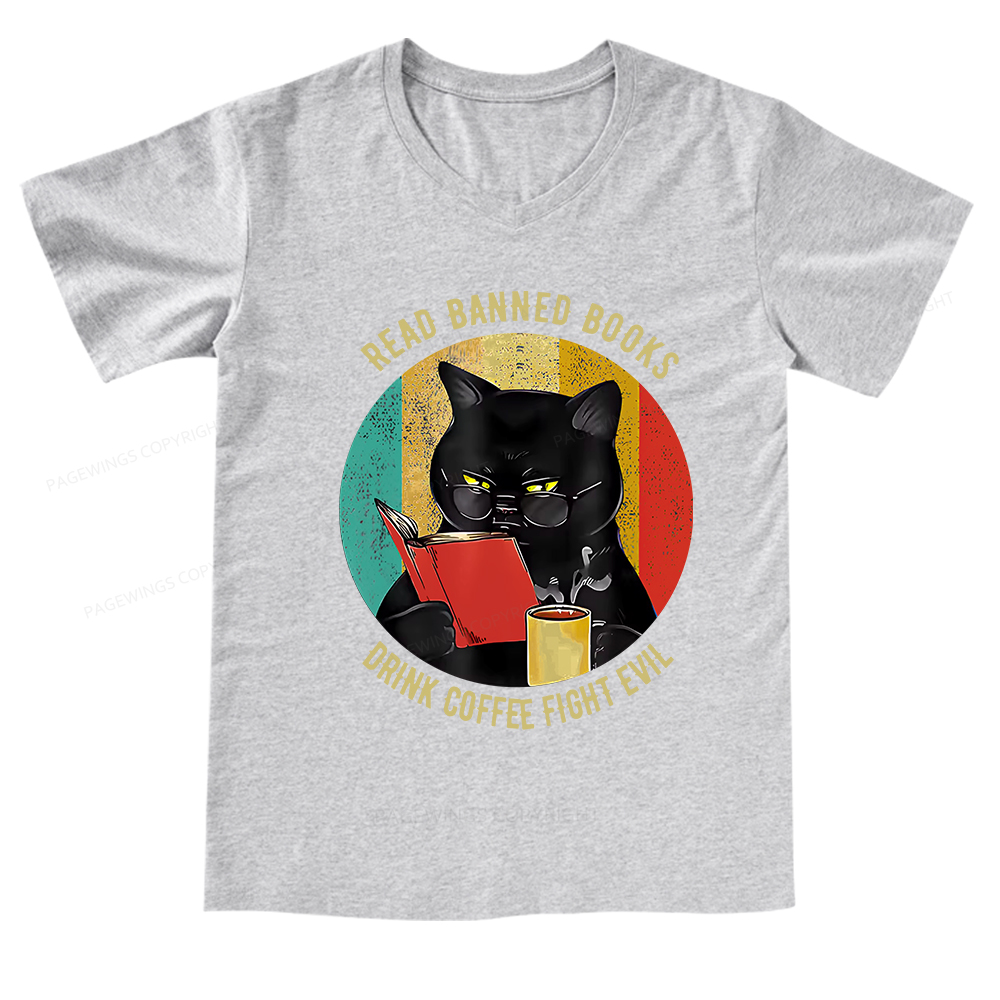 Pagewings Read Banned Books Drink Coffee Fight Evil Retro Cat Lovers V-neck T-shirt 