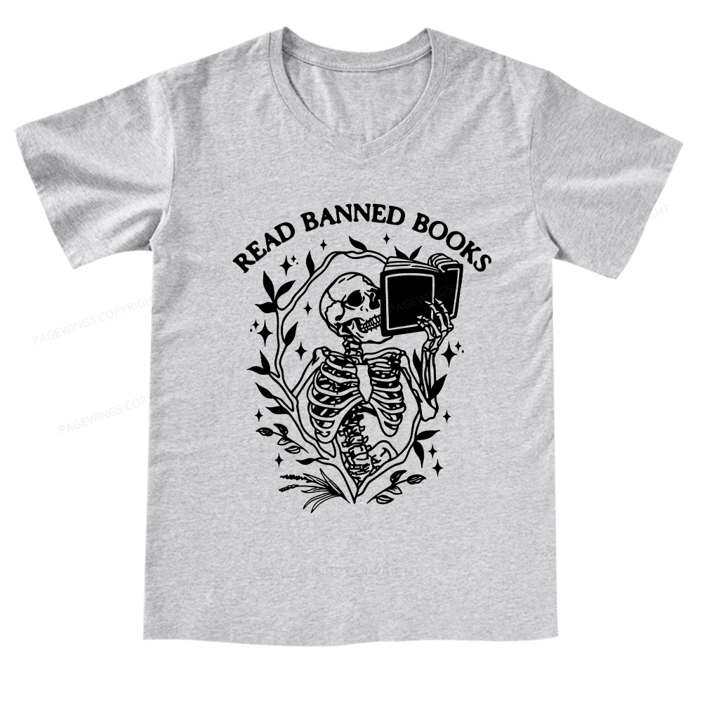 Pagewings Read Banned Books Skeleton Halloween Goth Protest T-Shirt V-neck T-shirt