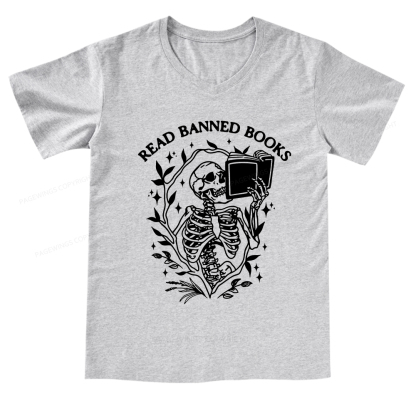 Pagewings Read Banned Books Skeleton Halloween Goth Protest T-Shirt V-neck T-shirt