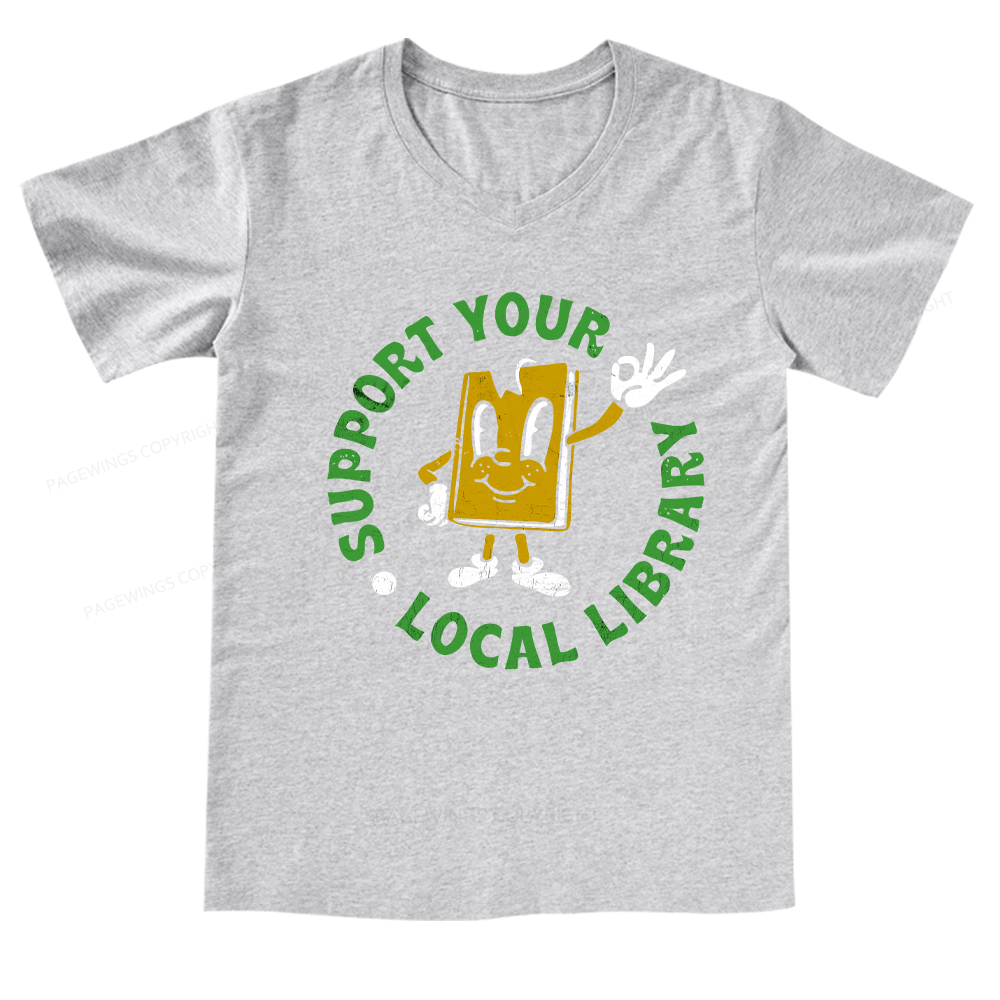 Pagewings Support Your Local Library Adult V-neck T-shirt 