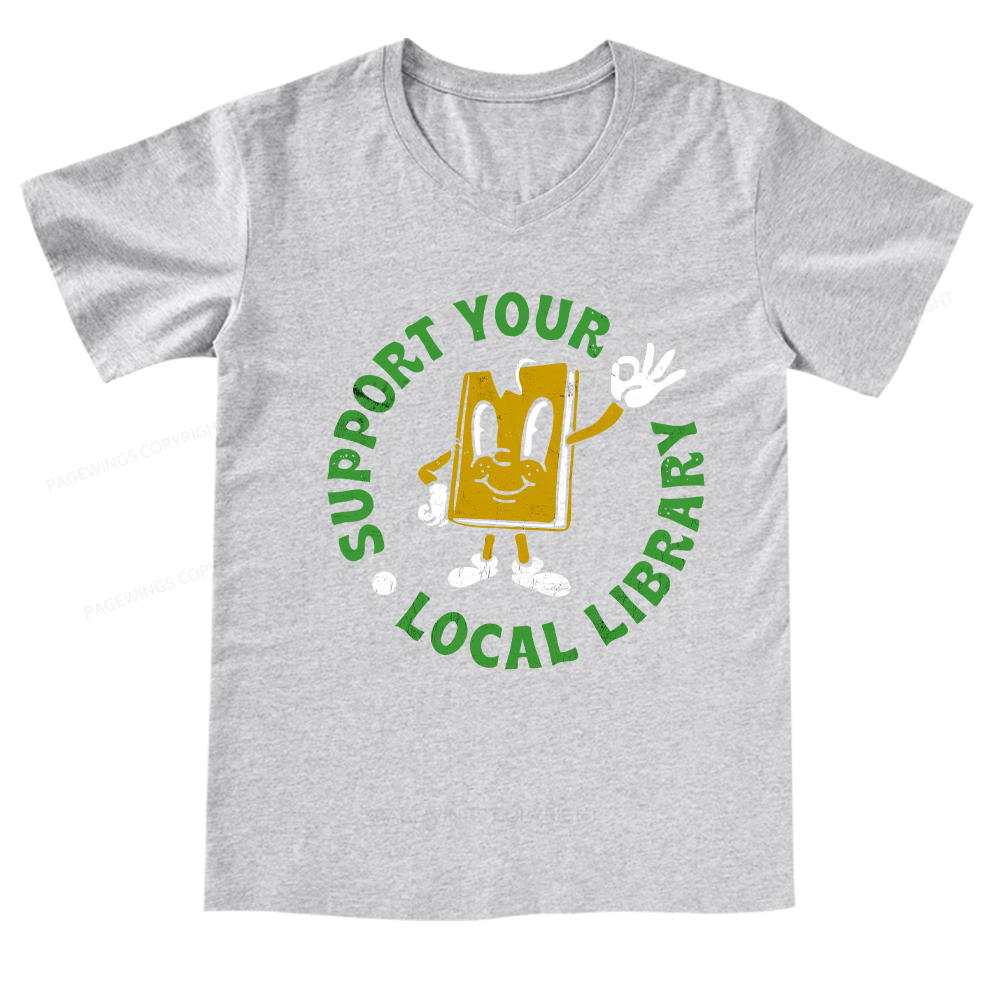 Pagewings Support Your Local Library Adult V-neck T-shirt