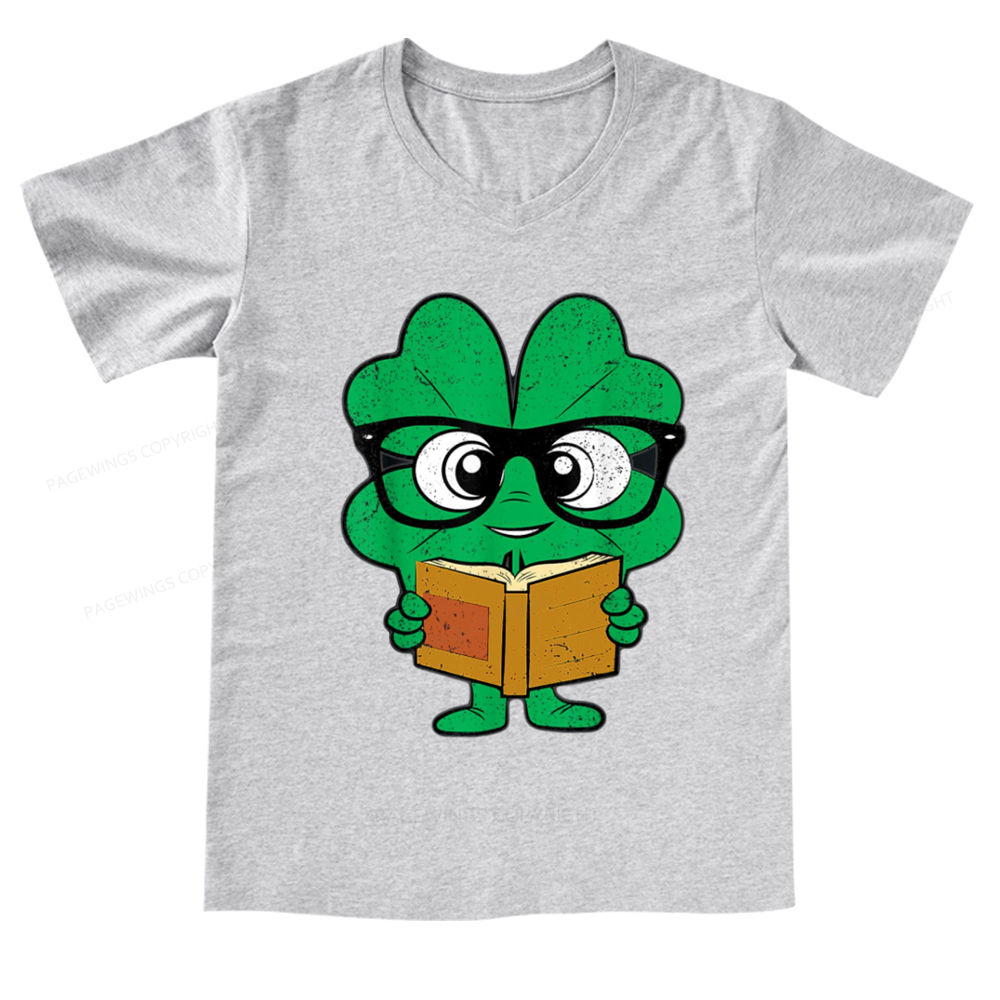 Pagewings Shamrock Reading Books St Patricks Day V-neck T-shirt