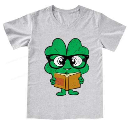 Pagewings Shamrock Reading Books St Patricks Day V-neck T-shirt