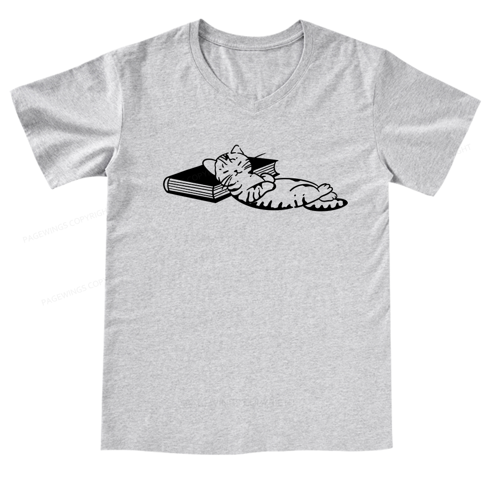 Pagewings A Cat Sleeping On The Book V-neck T-shirt