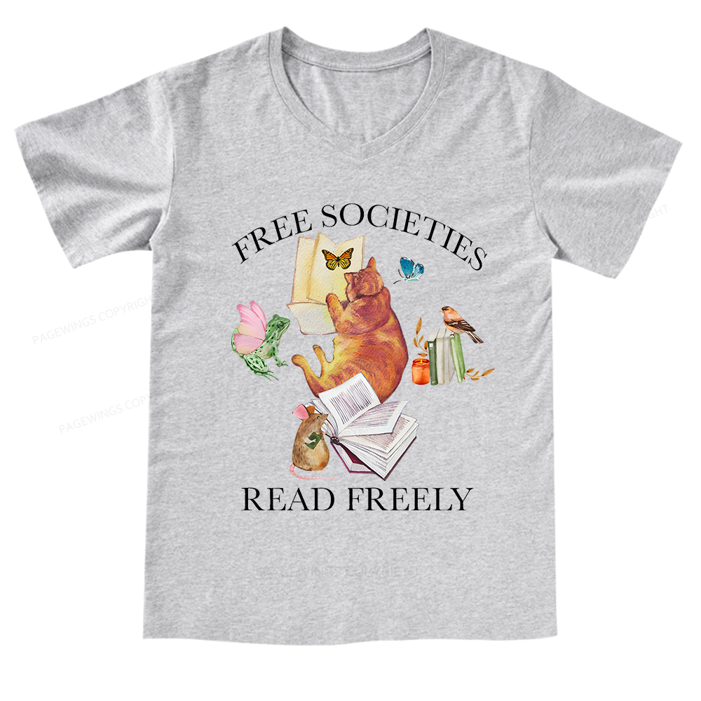 Pagewings Free societies read freely V-neck T-shirt