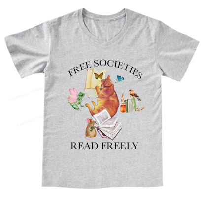 Pagewings Free societies read freely V-neck T-shirt
