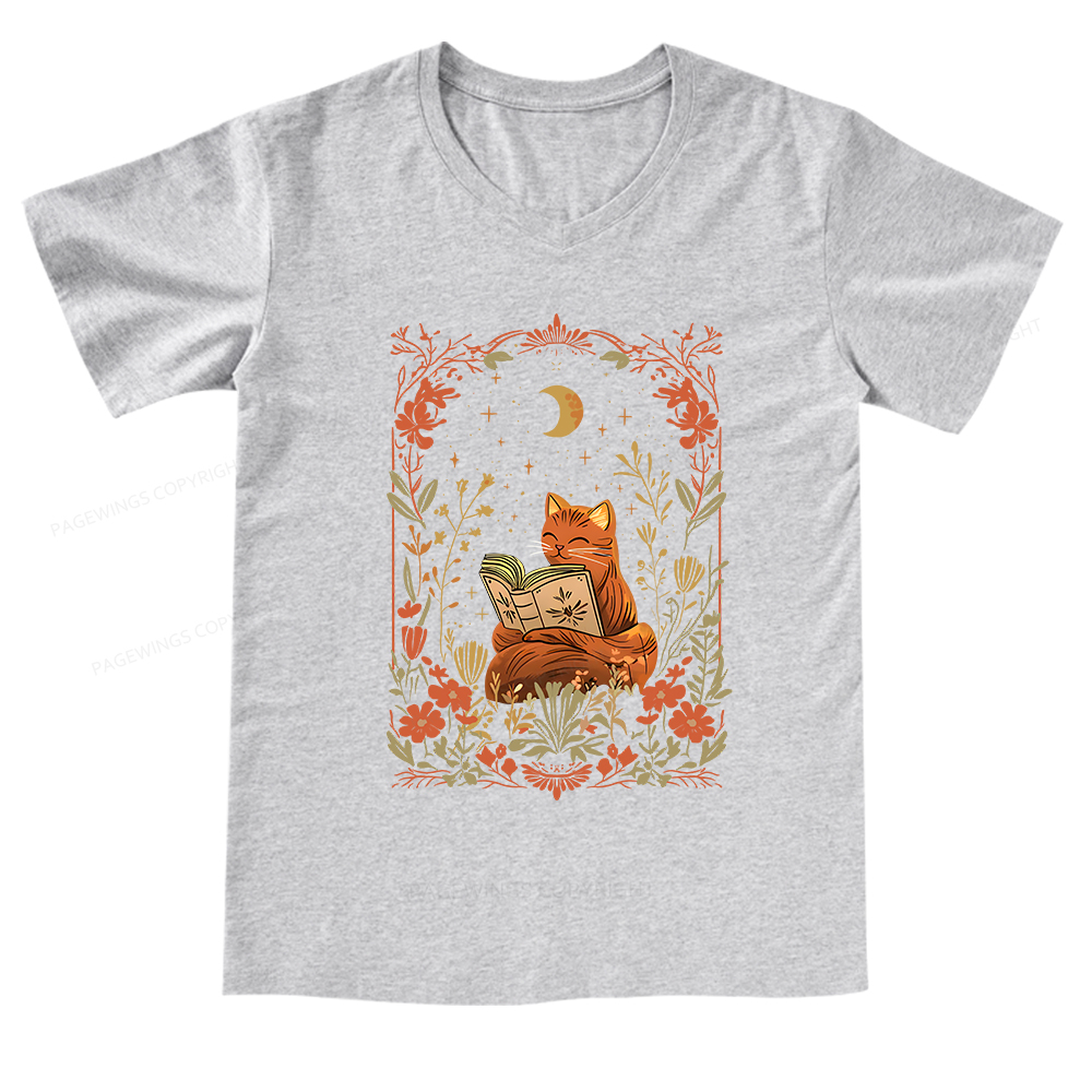 Pagewings Cat Wildflower Book Reading V-neck T-shirt