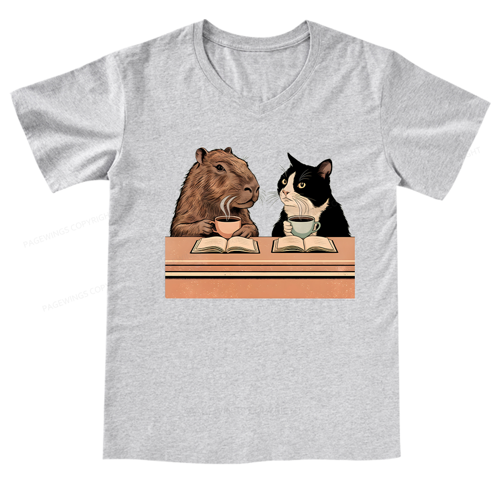 Pagewings Capybara and Tuxedo Cat Chilling with Coffee V-neck T-shirt