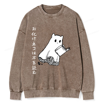Pagewings Japanese Ghost Cat Reads a Book on Men's Premium T-Shirt Unisex Washed Sweatshirt