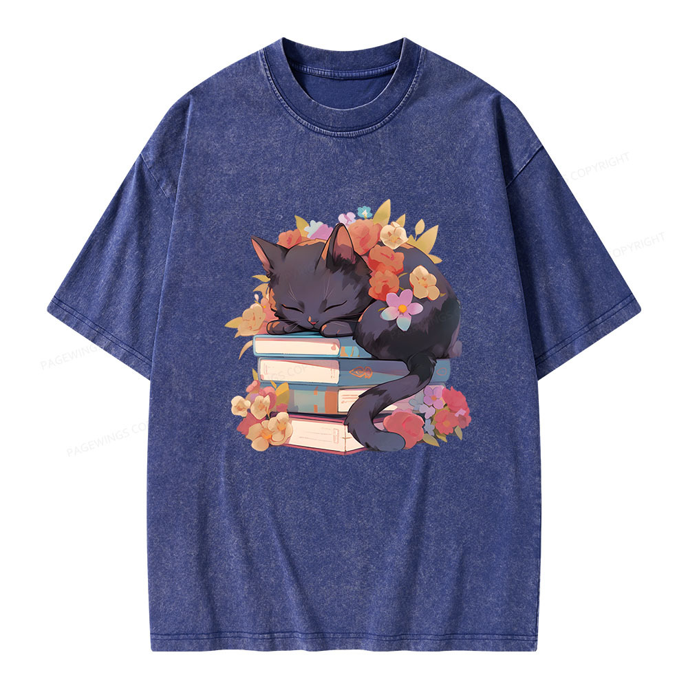 Pagewings Black Cat Sleeping on Books Unisex Washed T-shirt