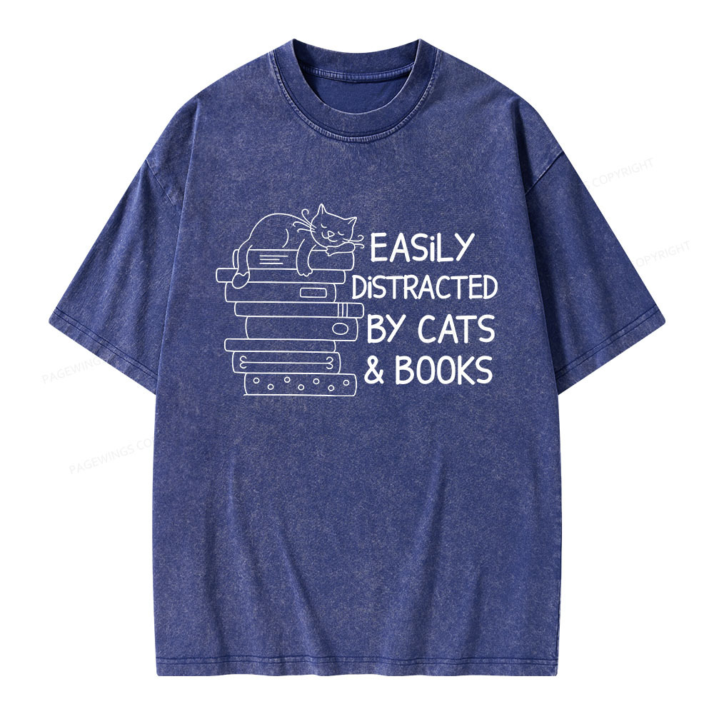 Pagewings Easily Distracted By Cats And Books Unisex Washed T-shirt