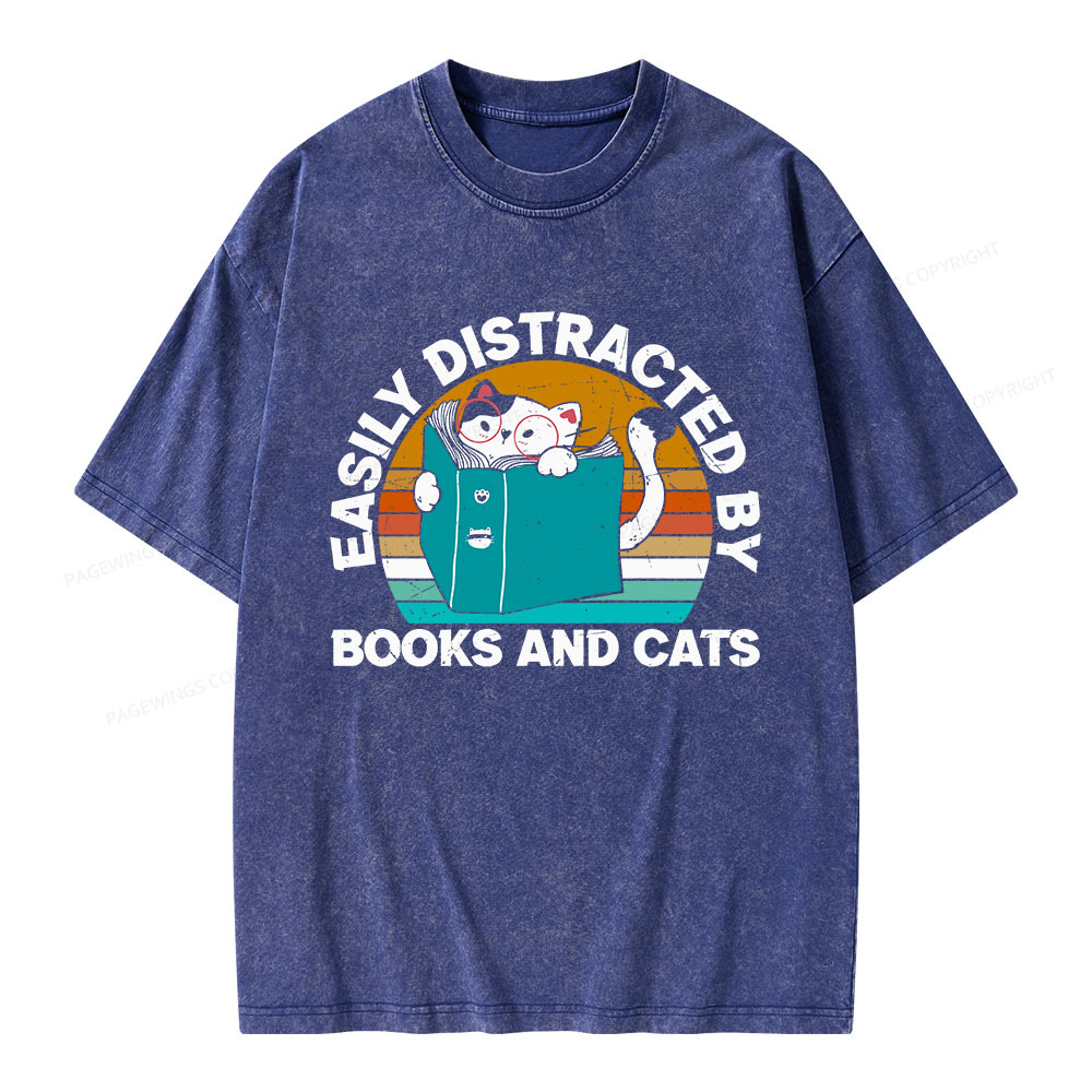 Pagewings Easily Distracted By Books And Cats Unisex Washed T-shirt