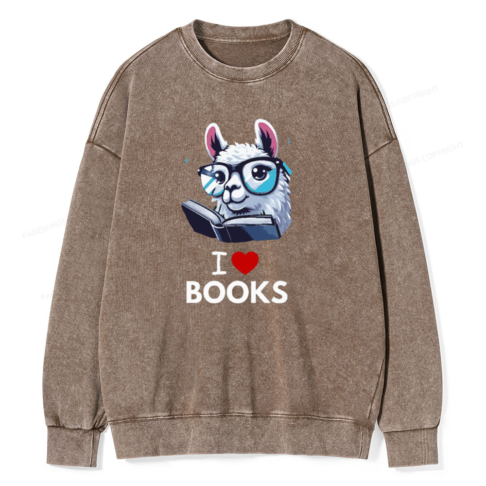 Pagewings  love Books Lama Reading Gift on Women’s Unisex Washed Sweatshirt
