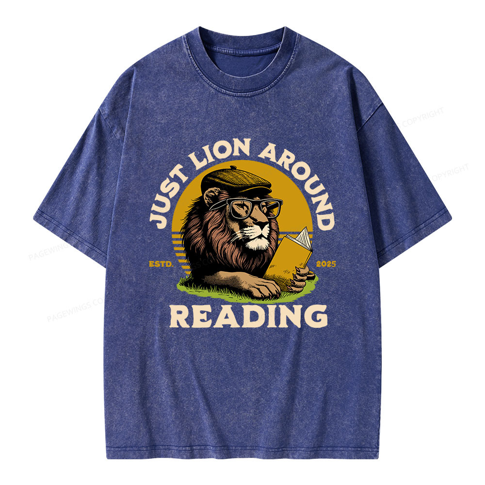 Pagewings Just Lion Around Reading Unisex Washed T-shirt