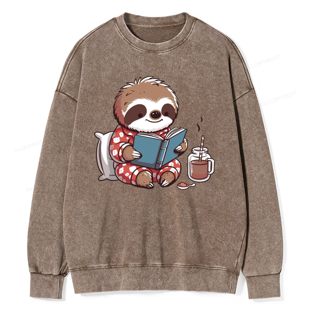 Pagewings Books Sloth Book lover Gift cute sloth on Unisex Washed Sweatshirt