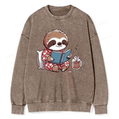 Pagewings Books Sloth Book lover Gift cute sloth on Unisex Washed Sweatshirt