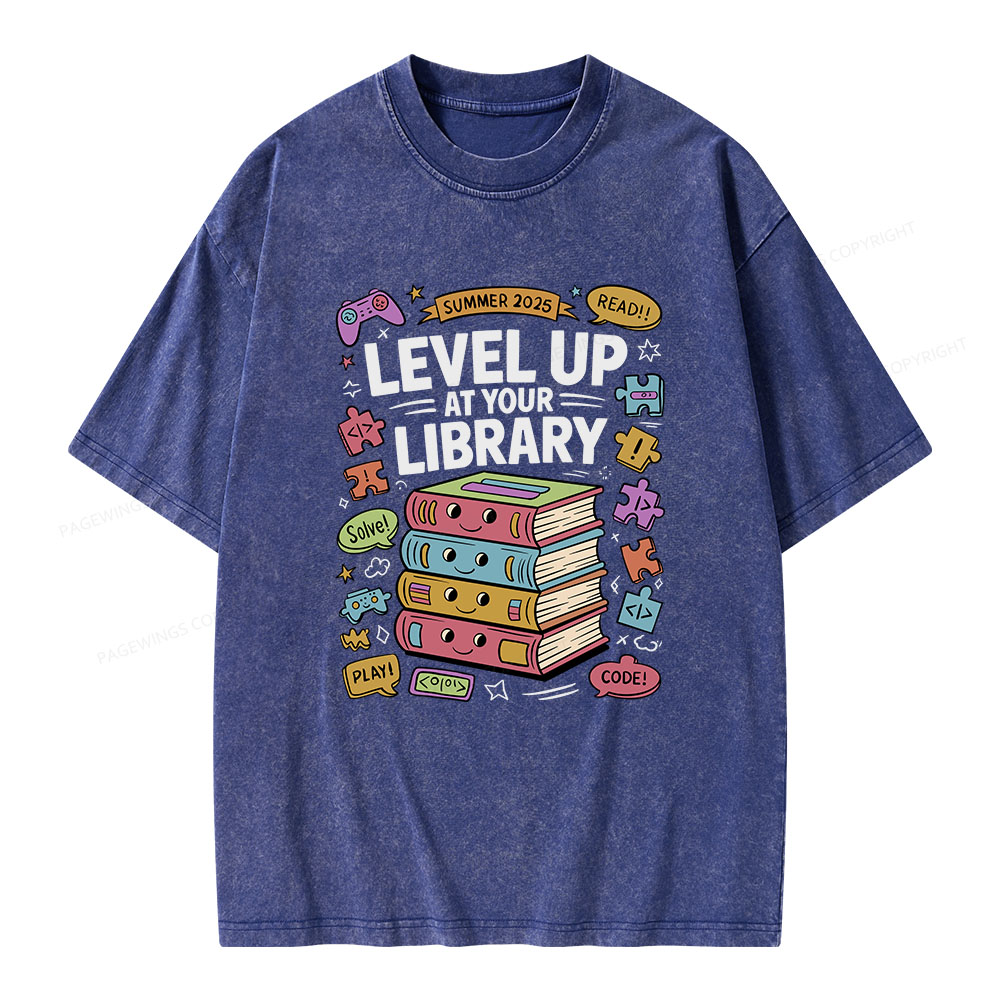 Pagewings Level Up at Your Library Summer 2025 Unisex Washed T-shirt