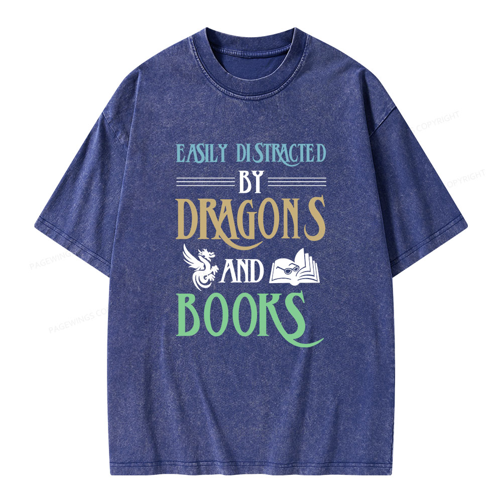 Pagewings Easily Distracted By Dragons And Books Unisex Washed T-shirt