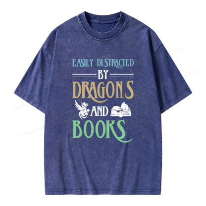 Pagewings Easily Distracted By Dragons And Books Unisex Washed T-shirt
