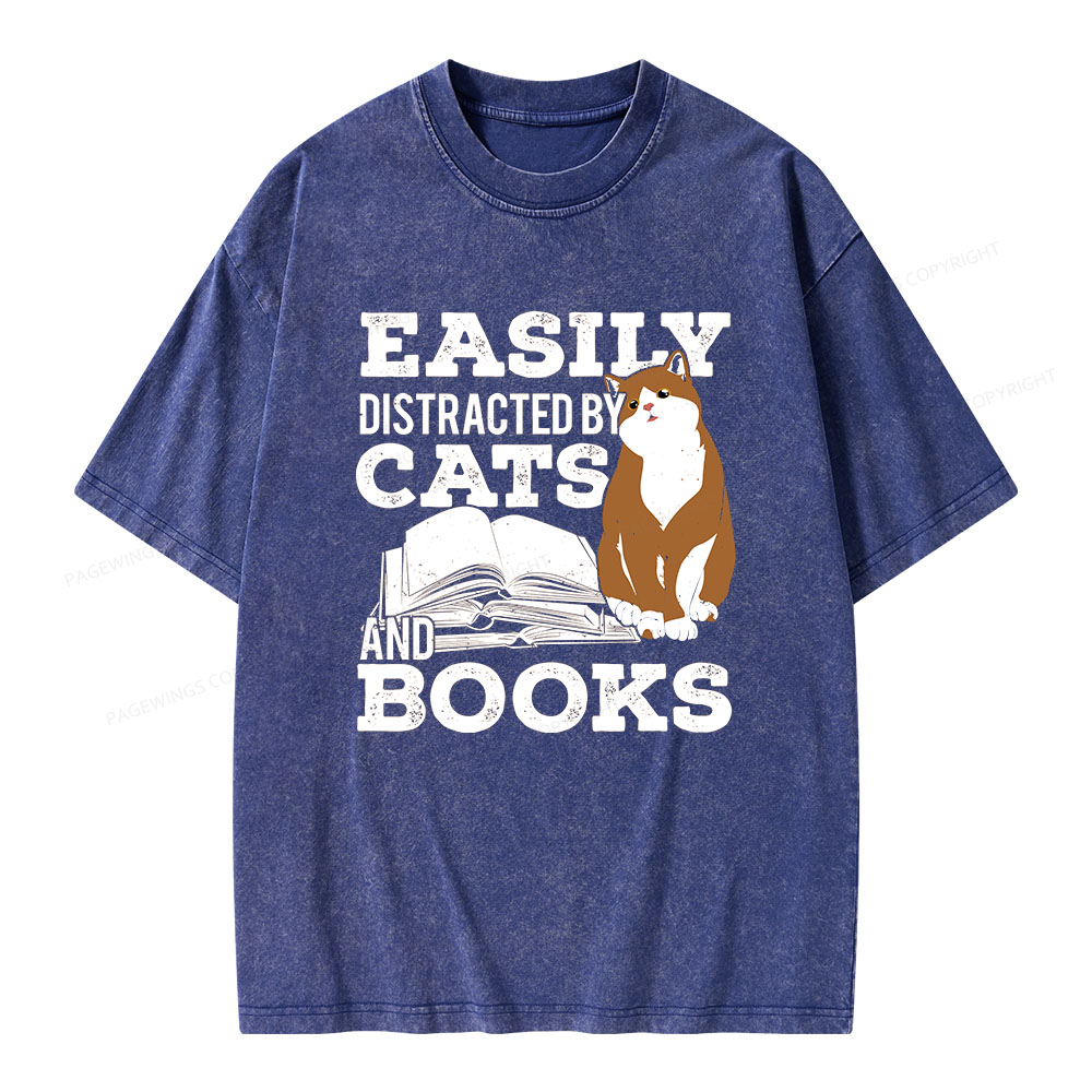 Pagewings Easily Distracted By Cats And Books All Year Unisex Washed T-shirt