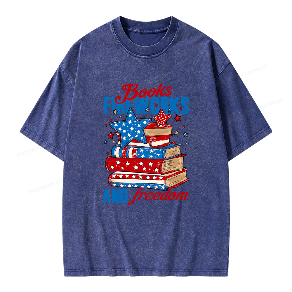 Pagewings Books Fireworks and Freedom Retro Unisex Washed T-shirt