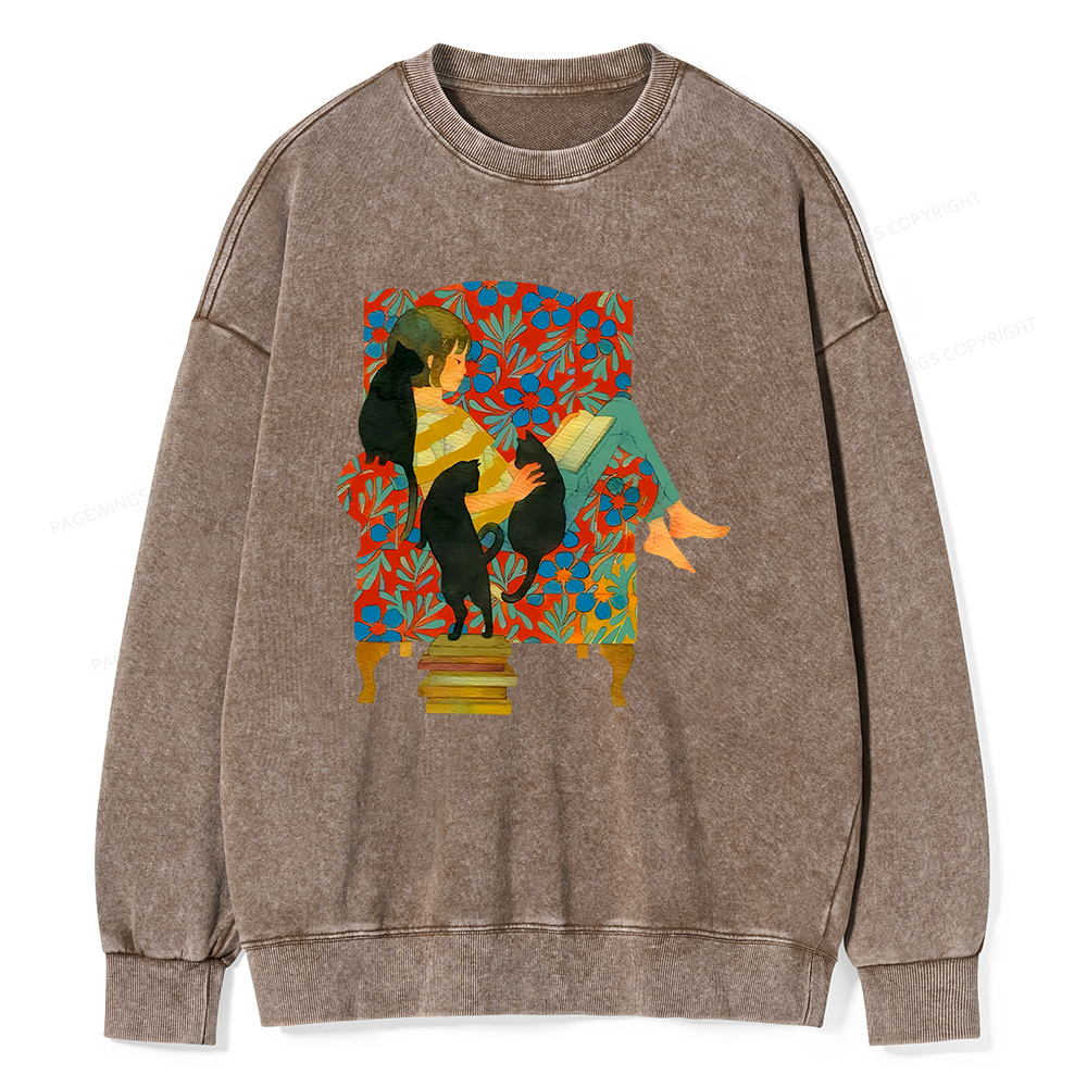 Pagewin A girl reading a book on the sofa Unisex Washed Sweatshirt