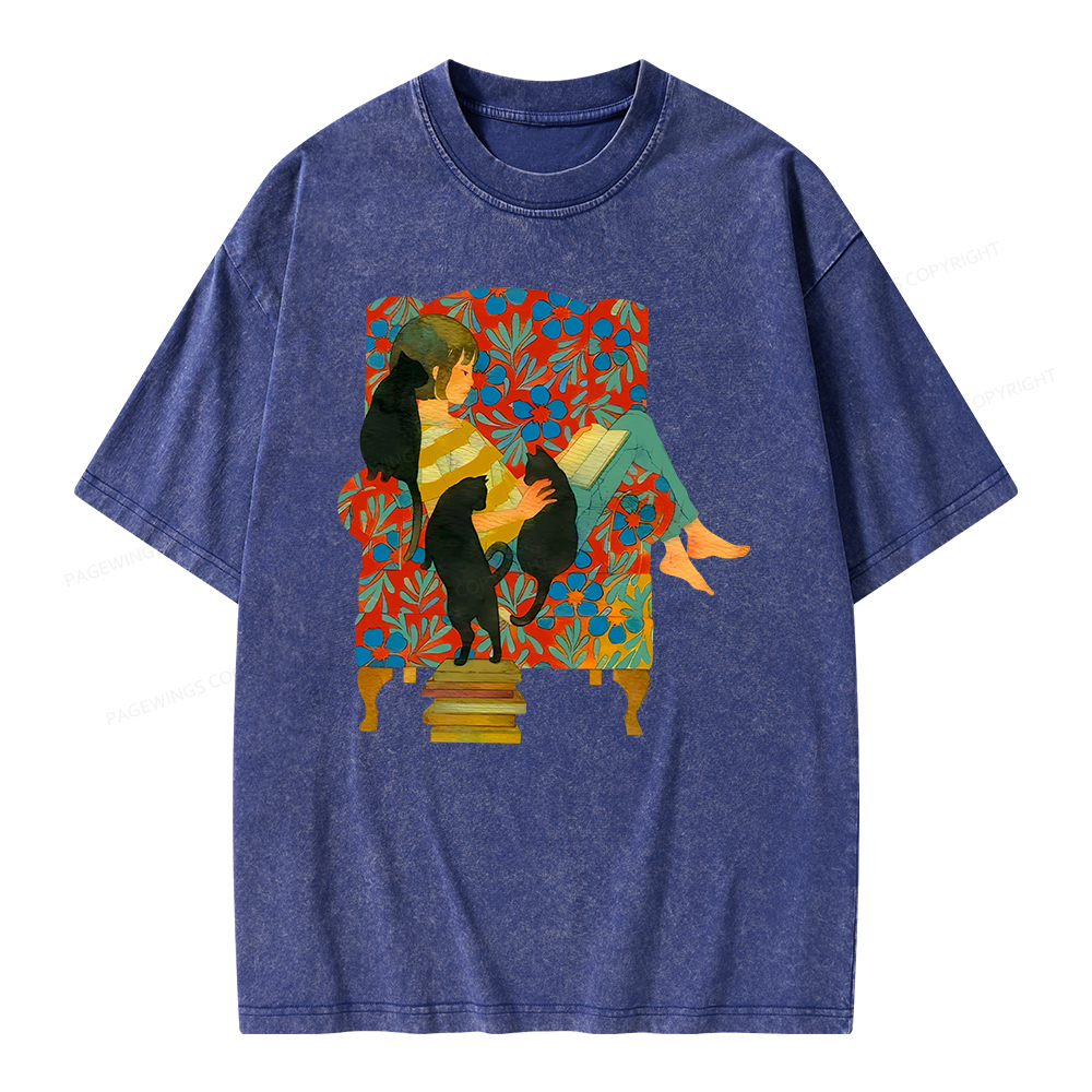 Pagewing A girl reading a book on the sofa Unisex Washed T-shirt