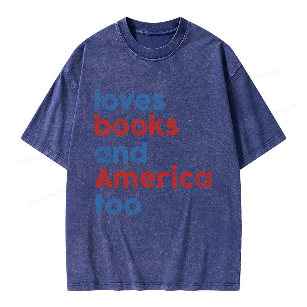Pagewings Loves Books and America Too Unisex Washed T-shirt