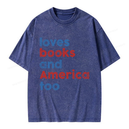 Pagewings Loves Books and America Too Unisex Washed T-shirt