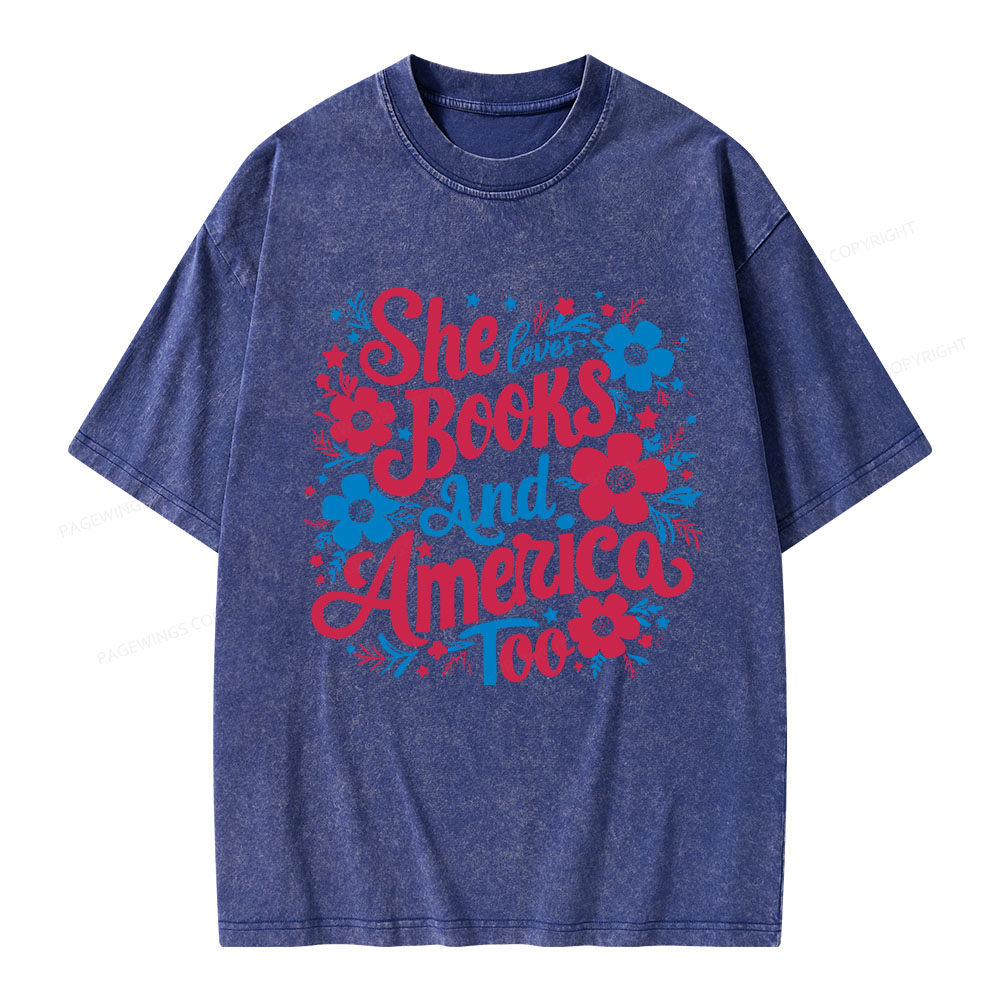 Pagewings She Loves Books And America Too Unisex Washed T-shirt