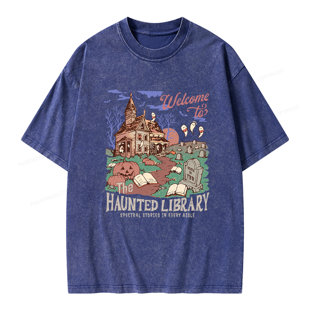 Pagewings Welcome To The Haunted Library Unisex Washed T-shirt
