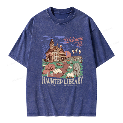 Pagewings Welcome To The Haunted Library Unisex Washed T-shirt