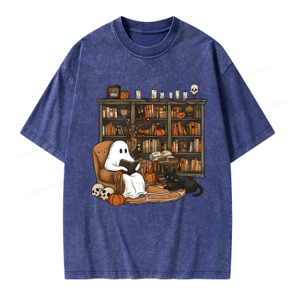 Pagewings Halloween Ghost Reading Books Unisex Washed T-shirt